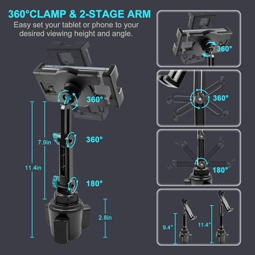 Cup Holder Car Tablet Mount, 360° Adjustable 2-Arm Stand Holder for iPad Pro 12.9/11/10.5/9.7/Air/Mini 6/5/4, Galaxy Tab/Z Fold 6/5, Amazon Fire HD, iPhone 16/15/14/Pro, 4.7-12.9" Tab & Phone