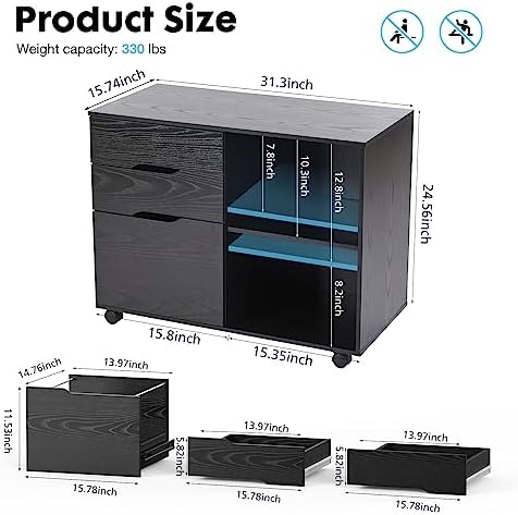OLIXIS 3 Drawer Lateral File Cabinet, Rolling Printer Stand with Storage