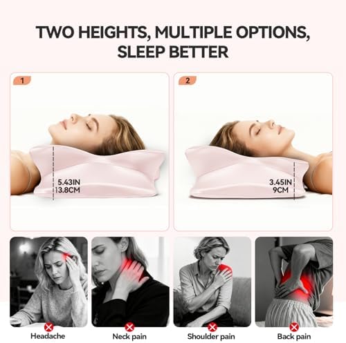 Cervical Neck Pillow for for Neck Support,Ergonomic Memory Foam Contour Pillow with Wrinkle-Resistant Silky Satin Fabric Cover,Orthopedic Bed Pillow for Side,Back,Stomach Sleepers,Pink