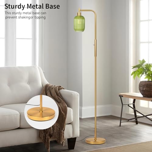 Ruiever Glass Floor Lamp for Living Room, Dimmer Standing Lamp with Green Ribbed Lampshade,66” Tall Lamp & Gold Floor Lamp for Bedroom Study Room,Brushed Gold (Green)