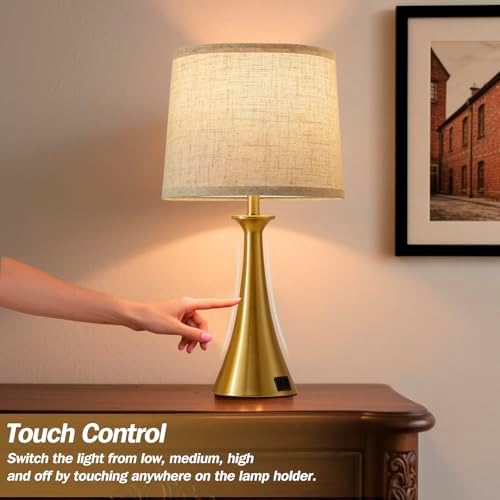 Touch Table Lamps Set of 2, 21" Bedside Lamps with USB C+A, Gold