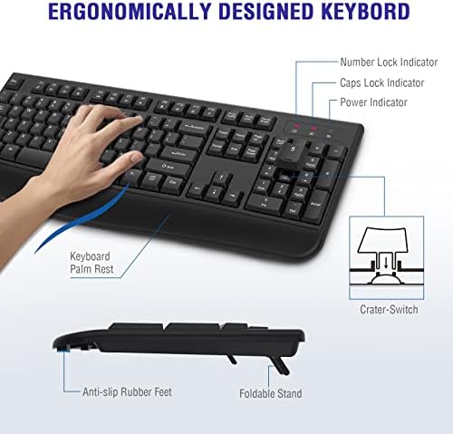 QUASIO Wireless Keyboard, 2.4G Full-Sized Ergonomic Wireless Computer Keyboard with Wrist Rest for Windows, Mac OS Laptop/PC/Desktop/Notebook(Black)