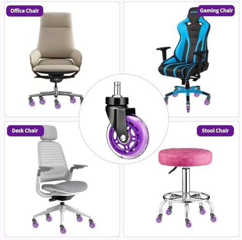 8T8 3" Office Chair Wheels (As Seen On PRC) Replacement Heavy Duty, Universal Rubber Chair Casters Fit 98% Chair, Quiet Smooth Rolling for Hardwood Floor Carpet Mats (Purple)