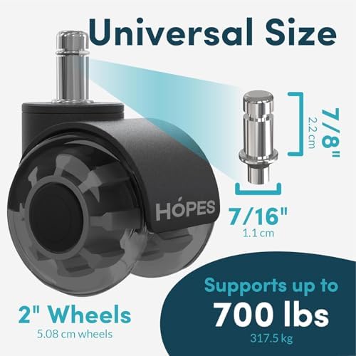 HOPES Office Chair Wheels Replacement Set of 5 – Heavy Duty Rubber Casters, Smooth & Quiet Rolling for Hardwood Floors and Carpet, Universal Stem, No Floor Mat Needed (Double Grey, 2inch-660lbs)