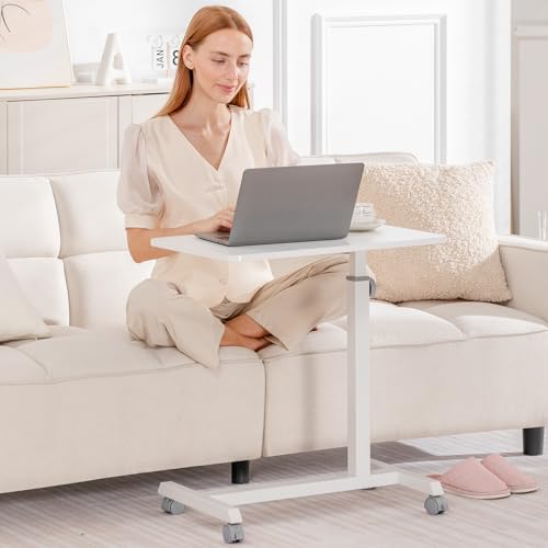 GTPLAYER Small Standing Desk, 24 Inches Mobile Rolling Laptop PC Table with Lockable Casters, Adjustable Height Overbed Bedside Table Computer Workstation for Home Office, White-Fixed