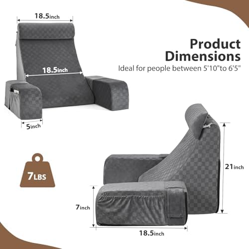 Vekkia 21'' Reading Pillow for Adults with XL Side Pockets, Adjustable Arms