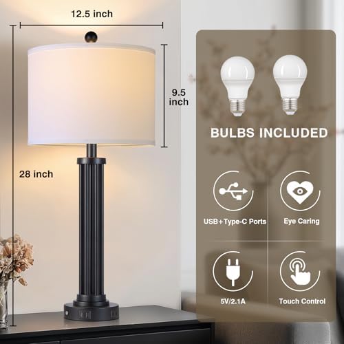 28" Tall Modern Table Lamps with USB C+A Ports and AC Outlet, 3 Way Touch Metal Bedside Lamps for Bedroom, Black Nightstand Lamps for Living Room