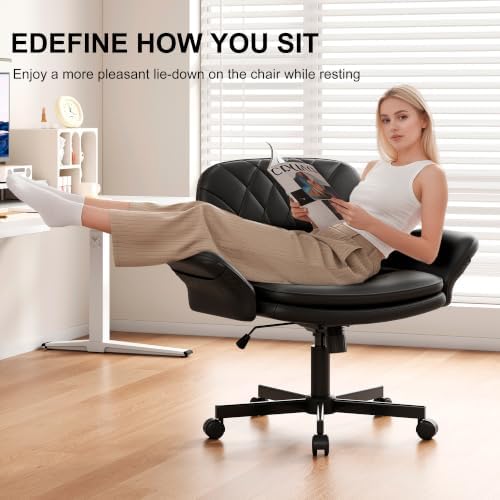 Misolant Criss Cross Chair with Armrests & Wheels for Cross-Legged Sitting, Comfortable PU Leather Vanity Chair, Office Desk Chairs with Adjustable Rocking Function, for Home, Bedroom Black