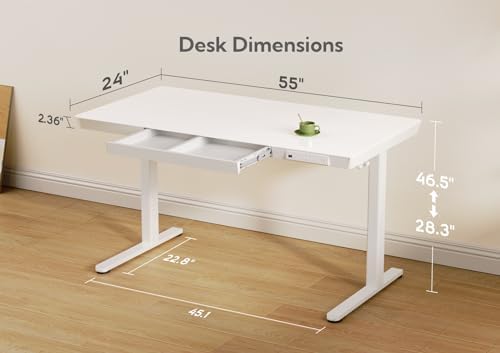 Claiks Glass Standing Desk with Drawers & USB Ports 55x24 Inch, White