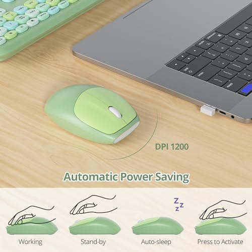 Surmen Cute Colorful Green Keyboard and Mouse Wireless Silent, Full-Size Retro Typewriter Wireless Quiet Slim Keyboard Low-Noise 2.4GHz for Computer, Desktop, Laptop(Sage Green)