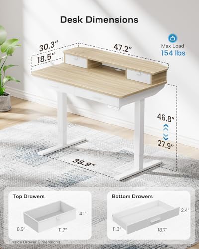 HUANUO 48 x 30 inch Electric Standing Desk with 2 Wood Drawers, Adjustable Height Sit Stand Desk for Home Office, Ergonomic Stand up Desk with 4 Memory Presets, 176 lbs Capacity, Natural Top