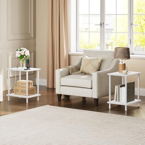 HOOBRO Side Table with Charging Station, Set of 2 End Tables with USB Port and Outlets, Nightstand with 2-Layer Storage Shelves for Small Spaces, Living Room, Bedroom, White WW09UBZP201