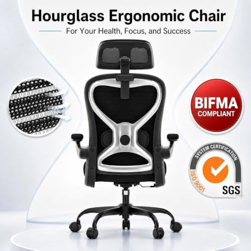 Ergonomic Office Chair for Long Hours and Back Pain Relief, Space-Saving Design with Adjustable Lumbar Support, Flip-Up Arms, 3D Headrest, Tilt & Rock, 330 LBS, Black/Silver
