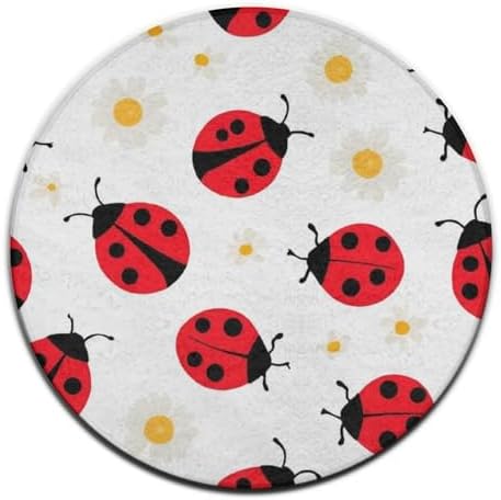 Soft Round Yoga Carpet, Large Home Decor Mat, Non Slip Machine Washable Kitchen Office Circle Rug Red Cartoon Ladybug Pattern