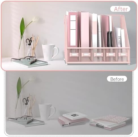 SUPEASY Desk Organizers Metal Desk Magazine File Holder with 5 Vertical Compartments Rack File Organizer for Office Desktop, Classroom, Home Workspace, Pink Plus