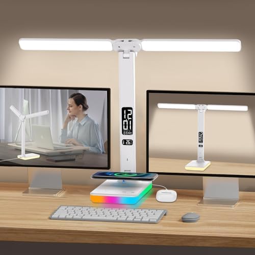 LED Desk Lamp with Charger, USB Charging Port, Dual Swing Arm Desk Light with 5 Brightness, 3 Colors, Table Lamp with Clock, Alarm, Date, Temperature, Desk Lamp for Home Office Study (White)