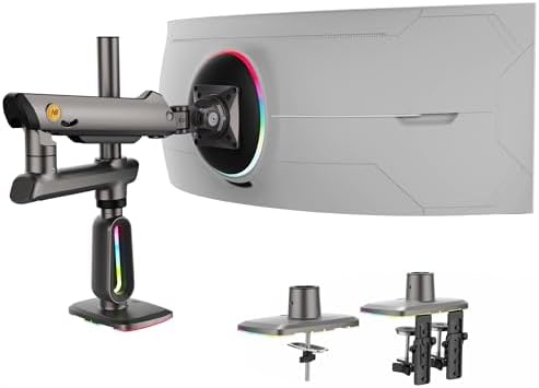 NB Extra Height Gaming Monitor Arm for 32 to 60 Inches Screen, Load up to 20 kg, VESA 75/100, RGB-Light, Heavy Duty, Multi Angle Adjustable, Premium Aluminum, Long Arm Extension Grey Black