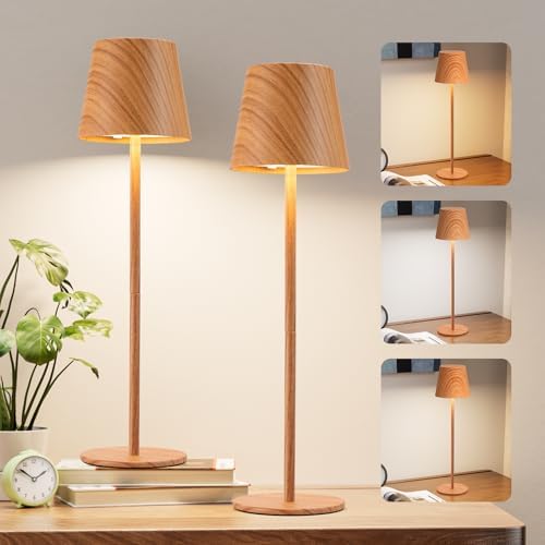Kakanuo Wood Grain Cordless Table Lamp Rechargeable - 2 Pack 5000mAH Battery Operated Lamp for Counter, 3 Color Stepless Dimming Wireless Lamp for Dining Kitchen, Outdoor Patio, Touch Control