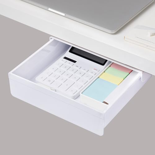 Under Desk Drawer - Large Under Table Hidden Drawer Desk Accessories & Workspace Organizers Desktop Storage Pencil Slide Out Organizer with Screw Adhesive Tape Shelf Tray at Office