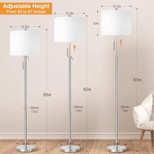 Qingmiao Brushed Nickel Floor Lamps for Living Room, 55"-67" Height Adjustable Modern Tall Lamp, 3-Way Dimmable Standing Lamp for Bedroom Office Reading Corner Home Decor, New House Warming Gifts