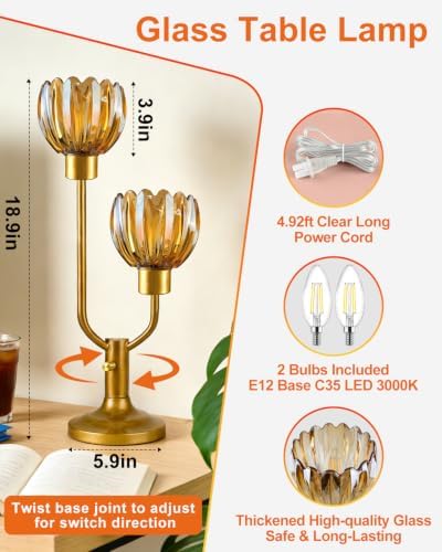 Lightdot Mid Century Modern Table Lamp Dimmable Amber Glass Vintage Lamp