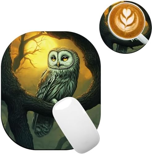 Small Mouse Pad，Mini Mouse Pad 6 x 7 Inch，for Laptop Keyboard Tray Wireless Mouse Home Office Travel，with Non-Slip Rubber Base, Waterproof Mouse Mat，Owl on Tree Branch