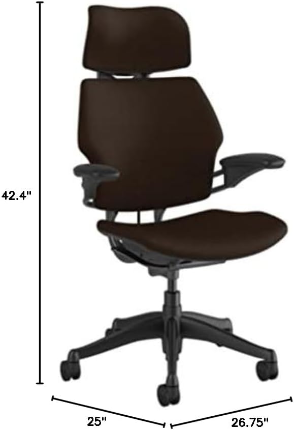 Humanscale Freedom Office Chair with Headrest - Ergonomic Work Chair with Standard Height Adjustable Duron Arms - Wheels for Carpet - Graphite Frame with Dark Brown Corde 4 Fabric