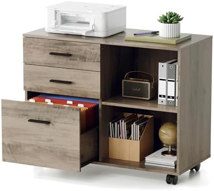 VINGLI 3 Drawer Wood Lateral File Cabinet with Adjustable Shelves & Locking Wheels, Printer Stand with Drawers for Letter Files, Sturdy File Cabinets for Home Office, Study & Business, Rustic Gray
