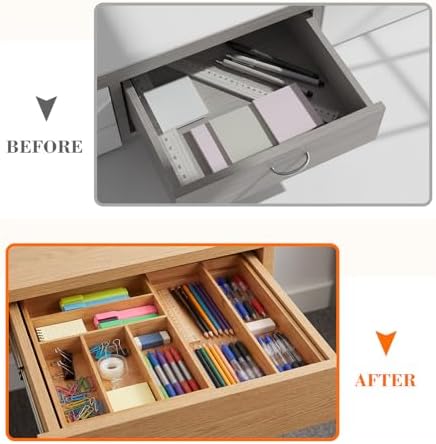 Briwooody Bamboo Sliding Desk Drawer Organizer 9.4'' up to 18'' x 15'' x 2'' Expandable Office Desk Accessories Supplies Tray with 7 Compartments for Pens, Notebooks, Rulers, and Makeup Jewelry Vanity