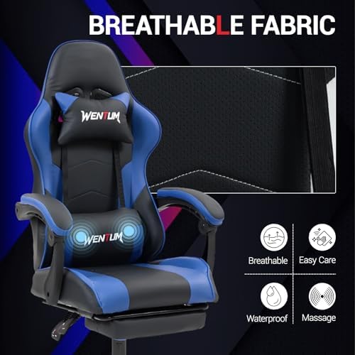 Gaming Chair with Footrest, Ergonomic PC Desk Chair with Headrest and Massage Lumbar Support, Video Game Chair with Height Adjustable High Back for Home Office, PU Leather, Royal Blue