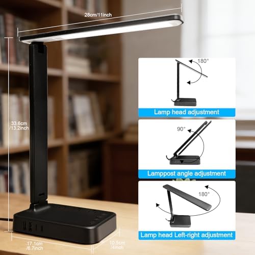 karidi LED Desk Lamp with Power Strip, 3 AC Outlets & 4 USB Ports (2 USB-C), Eye-Caring Task Light, 5 Color Modes 5 Brightness Dimmable, Sturdy Base Home Office Dorm Room Essentials