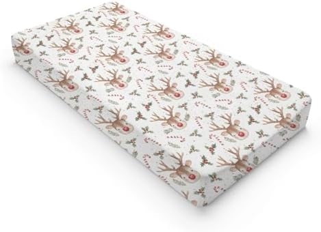 Watercolor Christmas Reindeer Winter Holiday Leaves Pattern Baby Changing Pad Cover, Unisex Christmas Nursery Diaper Changing Table Pad Mat Sheet for Boys Girls-16x32