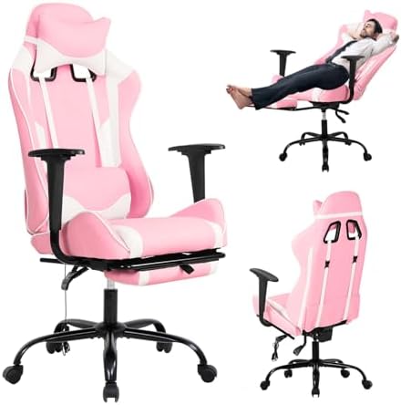 Pink Gaming Chair with Footrest, PU Leather Gaming Chairs for Adults, High Back Comfy Office Chair Ergonomic Desk Chair Computer Chair, Reclining Gamer Chair, Height & Backrest Adjustable, 300 Lbs