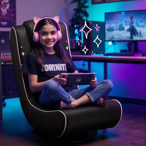 GTPLAYER Floor Gaming Chair Foldable Swivel Floor Chairs for Kids Boys Comfy Video Game Seat with 360° Multipurpose for Gamers, Bedroom or Game Room(Black-Gold)