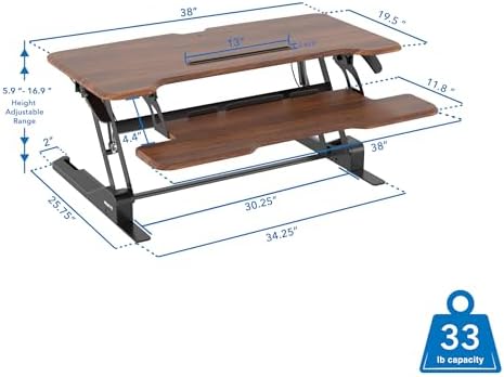 Mount-It! Large 38 Inch Standing Desk Converter, Sit Stand Desk Riser for Dual Monitors with Keyboard Tray, Height Adjustable Desktop Workstation, Easy Lift Gas Spring, Rustic Walnut Brown