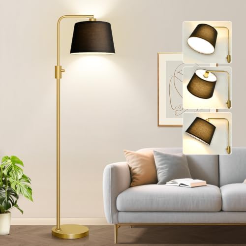 Nintiue Dimmable Gold Floor Lamp, 1000 LM LED Edison Bulb Included, Arc Floor Lamps for Living Room with Black Shade, Modern Standing Lamp Tall Lamps for Living Room Bedroom