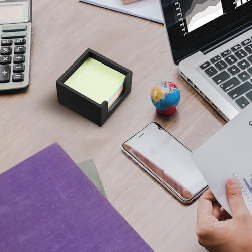 Bivvclaz Wood Sticky Note Holder, 3 x 3 Inch Post It Note Dispenser for Office Desk Accessories, Self Stick Note Pad Holder, Memo Pad Holder Dispenser Organizer for School Office Desk Supplies, Black