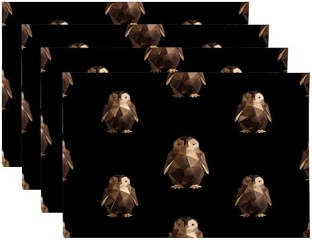 Cute Penguin Linen Placemats, Geometric Pattern Dark Bronze Penguins Table Mats for Table Washable Heat Insulation Thick Dining Mat, Indoor/Outdoor 12X18 in 4 Pcs