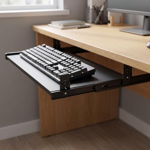 KINJOEK 4 PCS 14 Inch Under Desk Keyboard Tray Rails Slides, Adjustable Height Heavy Duty Ball Bearing Keyboard Mount Track, Black