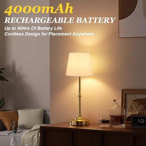 Kakanuo Rechargeable Cordless Table Lamp Gold - 2 Pack Brass 4000mAh Battery Operated Lamp, 3000K Warm Light, Touch Control Stepless Dimming, for Bedside, Dining Table, Home Decor