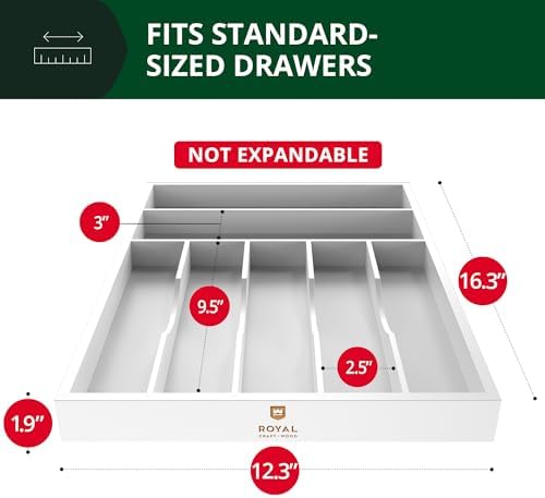 ROYAL CRAFT WOOD Luxury Bamboo Kitchen Drawer Organizer - Silverware Organizer - Utensil Holder and Cutlery Tray with Grooved Drawer Dividers for Flatware and Kitchen Utensils (7 Slot, White)
