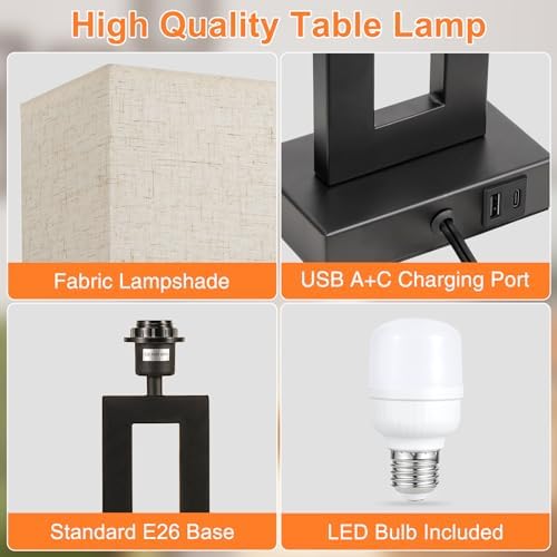 Seealle 22" Tall Living Room Lamps for Night Stands - Touch Bedside Lamp with USB C+A, 3 Way Dimmable Bedroom Lamps for End Tables Set of 2, Modern Night Stand Lamps for Bed Side(Cream&Black)