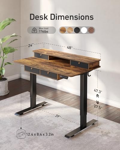 CubiCubi 48" x 24" Standing Electric Desk with Drawers, Vintage Brown