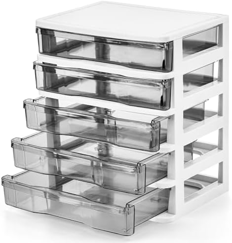 DEAYOU 5 Drawer Desktop Storage Bin Unit, Small Plastic Organizer, White Frame with Clear Drawer, Mini Container Case for Desk, Storing Craft, Accessory, Stationery