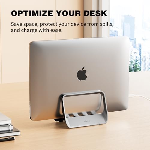 AFOOYO Vertical Laptop Stand with Gravity Locking – ABS Adjustable Laptop Holder Desktop Stand Compatible with MacBook, Surface, iPad, mini PC and More (Gray)