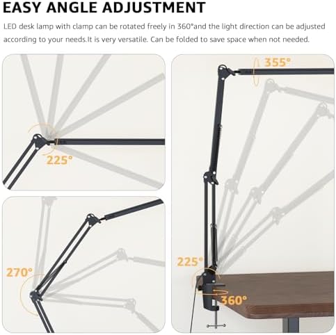 Upgrade Swing Arm LED Desk Lamp with Clamp, 80 LED Beads, 5 Color Modes & 11 Brightness Levels, 360° Adjustable Arm, Eye-Caring Light CRI95, Timer & Memory Function, for Office, Study, Crafting