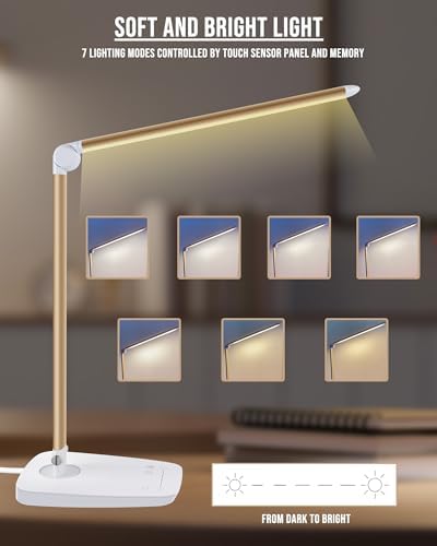 Lichamp Dimmable LED Desk Lamp with USB Charging Port, Touch Control Foldable Gooseneck Free Rotation Adjustable Eye Care Table Lamp, Bedside Reading Light with UL AC Adapter (Pink Gold)