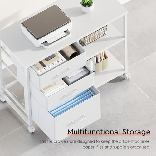 Maihail 3 Drawer File Cabinet with Wheels with Open Storage Shelf, White
