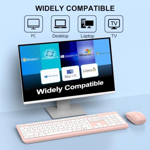 Wireless Keyboard and Mouse Combo, Full-Size Silent Ergonomic Keyboard and Optical Mouse, Long Battery Life, 2.4G Lag-Free Mice Keyboard for Computer, Mac, Laptop, PC, Windows(White Pink)