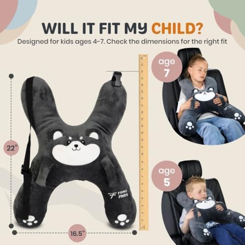 Kids Car Sleeping Pillow, H-Shaped for Neck & Back Support, Grey Dog